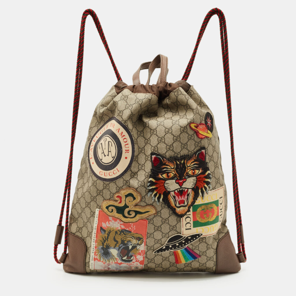 Gucci Brown/Beige GG Supreme Canvas Patchwork Drawstring Convertible Tote/Backpack Gucci Brown/Beige GG Supreme Canvas Patchwork Drawstring Convertible Tote/Backpack