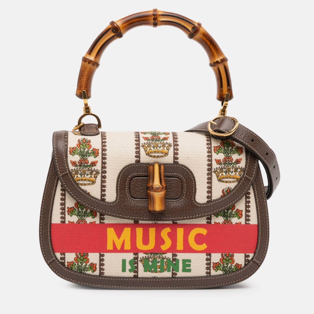 Gucci Beige Brown 100th Anniversary Medium Canvas 1947 Bamboo Top Handle Bag