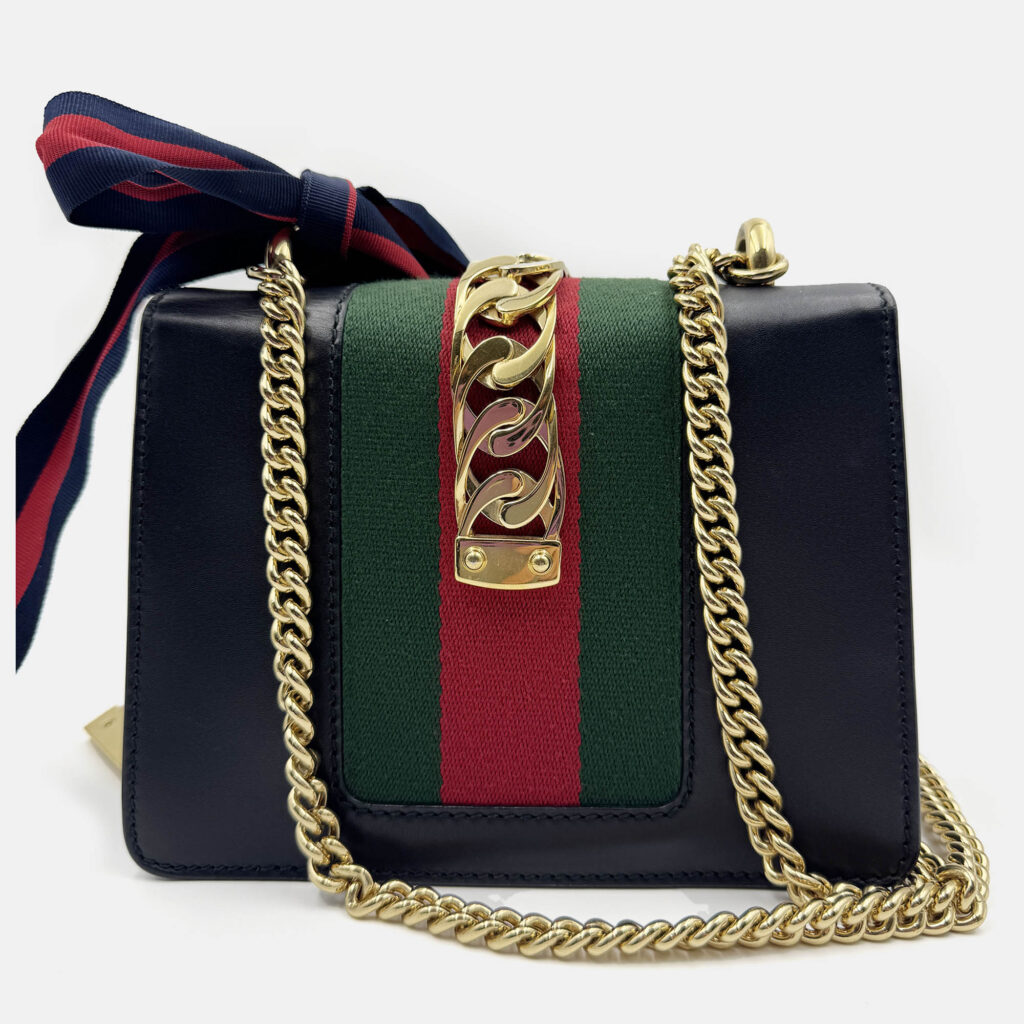 Gucci Black Leather Mini Web Chain Sylvie Shoulder Bag Gucci Black Leather Mini Web Chain Sylvie Shoulder Bag
