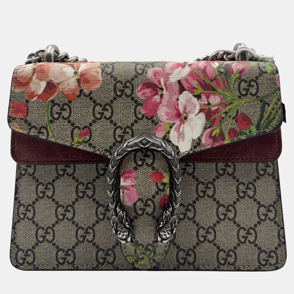 Gucci Beige/Maroon GG Supreme Blooms Canvas and Suede Mini Dionysus Shoulder Bag Gucci Beige/Maroon GG Supreme Blooms Canvas and Suede Mini Dionysus Shoulder Bag
