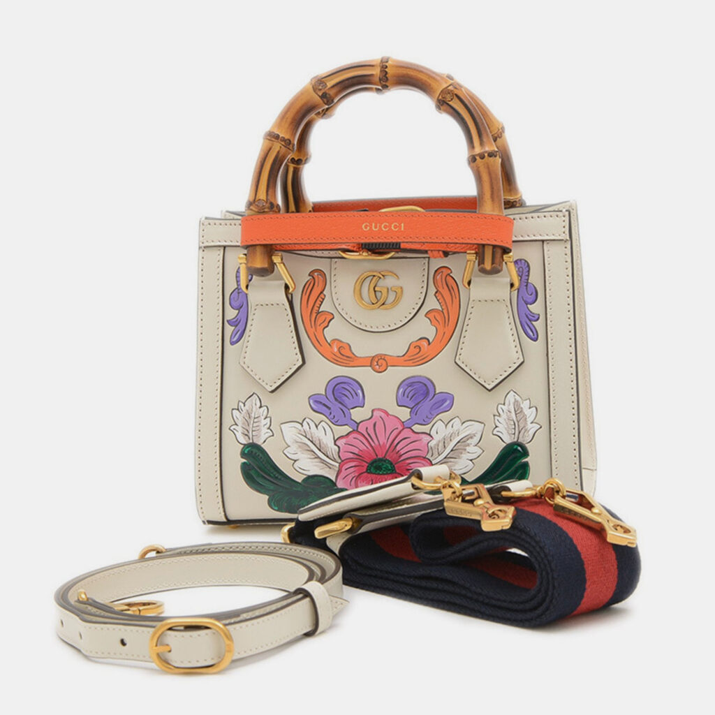 Gucci Ivory Floral Leather Diana Bamboo Mini Shoulder Bag