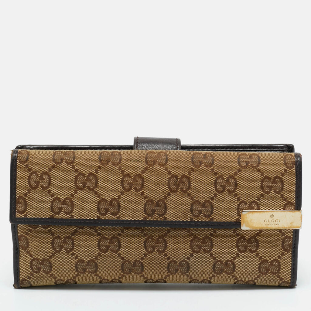 Gucci Beige/Brown GG Canvas and Leather Metal Flap Continental Wallet