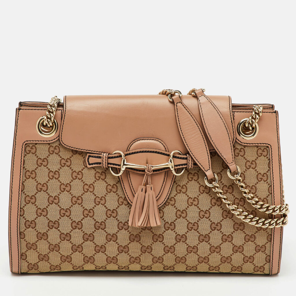 luxury-women-gucci-used-handbags-p1218791-001.jpg Gucci Beige/Pink GG Canvas and Leather Large Emily Chain Shoulder Bag