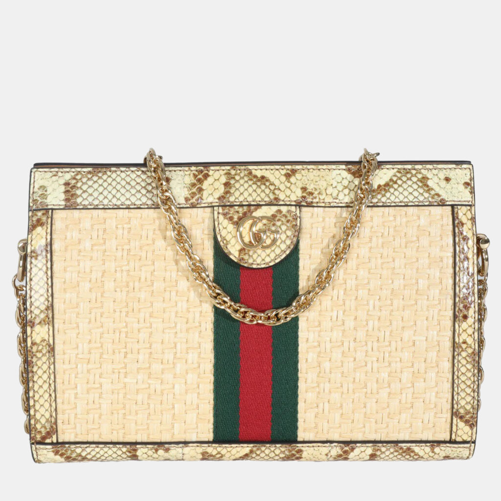 Gucci Cream Brown Raffia Elaphe GG Small Ophidia Chain Shoulder Bag