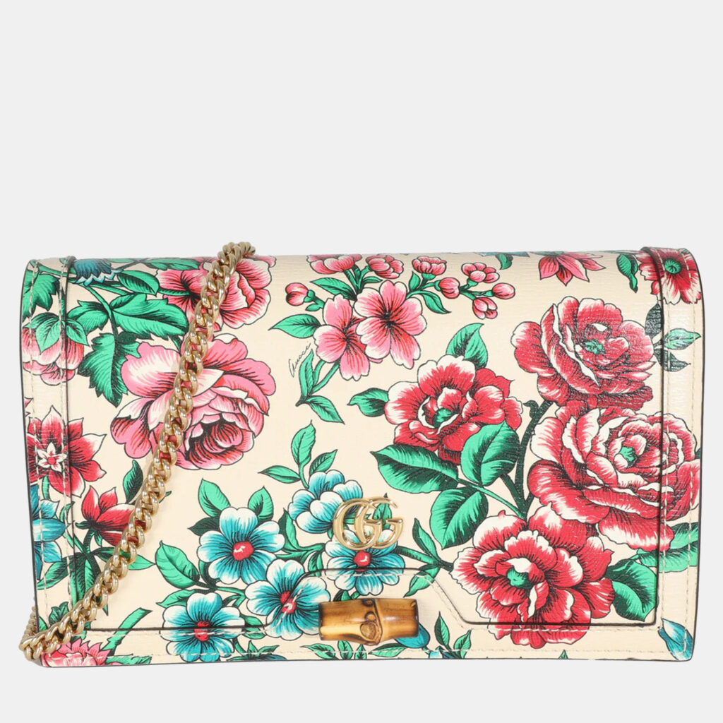 Gucci New Shanghai Floral Calfskin Bamboo Diana Chain Wallet