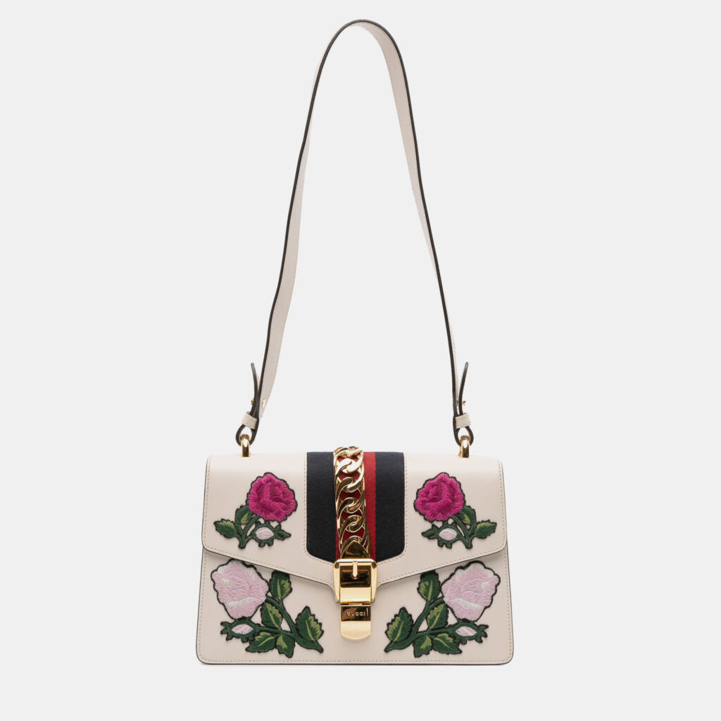 Gucci White Small Floral Embroidered Leather Sylvie Satchel Gucci White Small Floral Embroidered Leather Sylvie Satchel