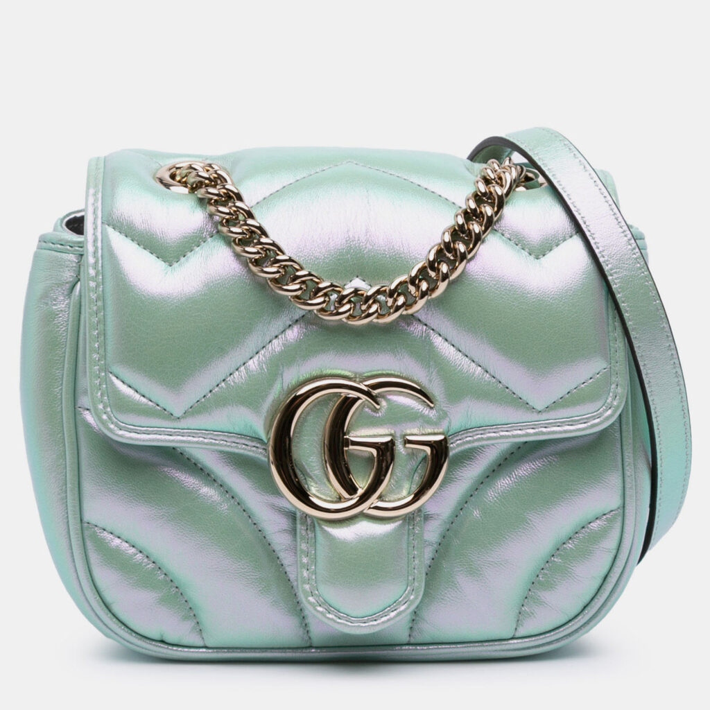 Gucci Green Mini GG Marmont Matelasse Iridescent Leather Flap Crossbody Gucci Green Mini GG Marmont Matelasse Iridescent Leather Flap Crossbody