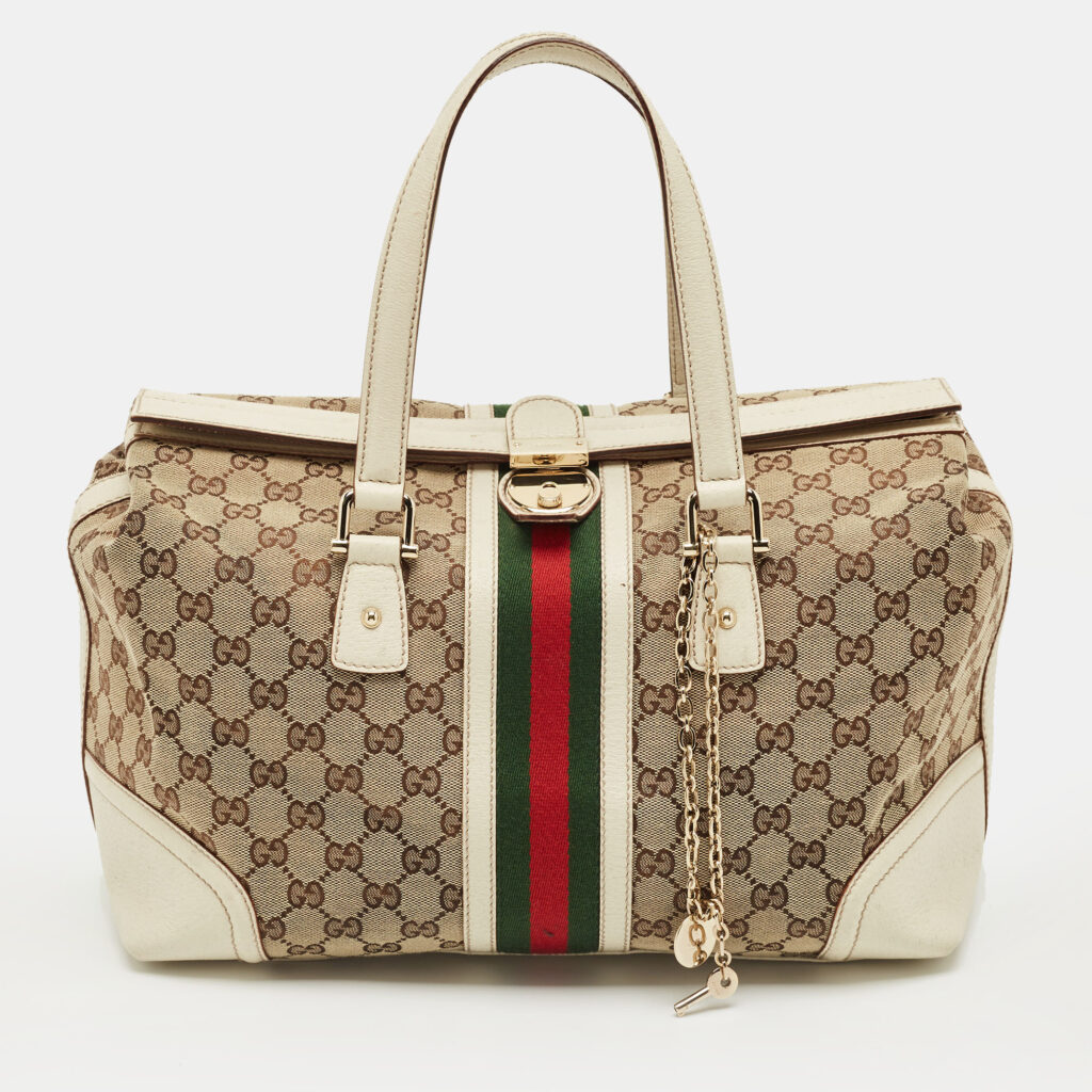 Gucci White GG Canvas and Leather Large Web Treasure Boston Bag Gucci White GG Canvas and Leather Large Web Treasure Boston Bag
