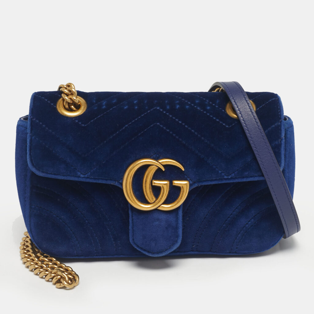 Gucci Blue Matelassé Velvet Mini GG Marmont Shoulder Bag