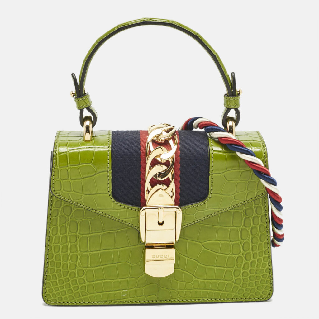 luxury-women-gucci-used-handbags-p1222069-001.jpg Gucci Olive Alligator Mini Web Sylvie Top Handle Bag