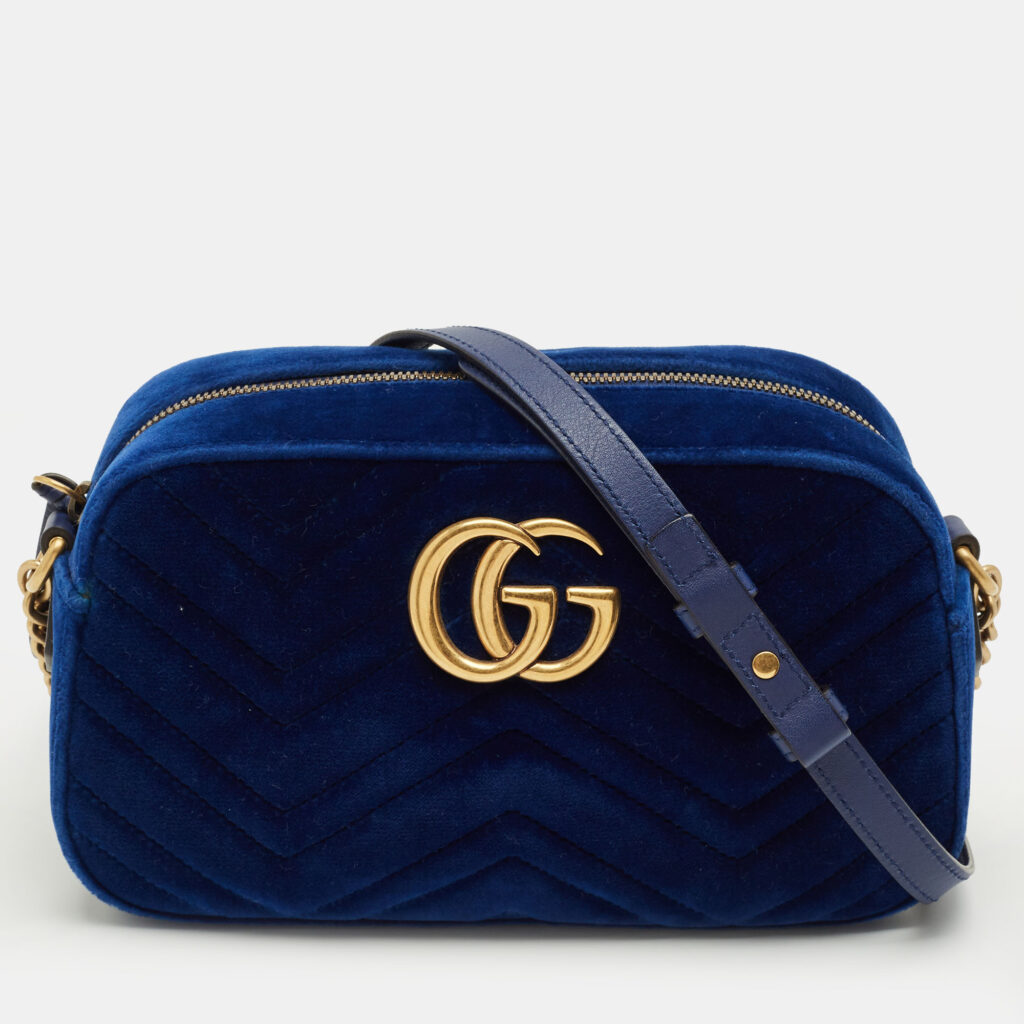Gucci Blue Matelassé Velvet Small GG Marmont Camera Bag Gucci Blue Matelassé Velvet Small GG Marmont Camera Bag