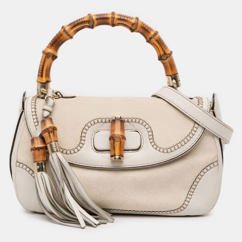 Gucci White Medium GG Canvas New Bamboo Satchel