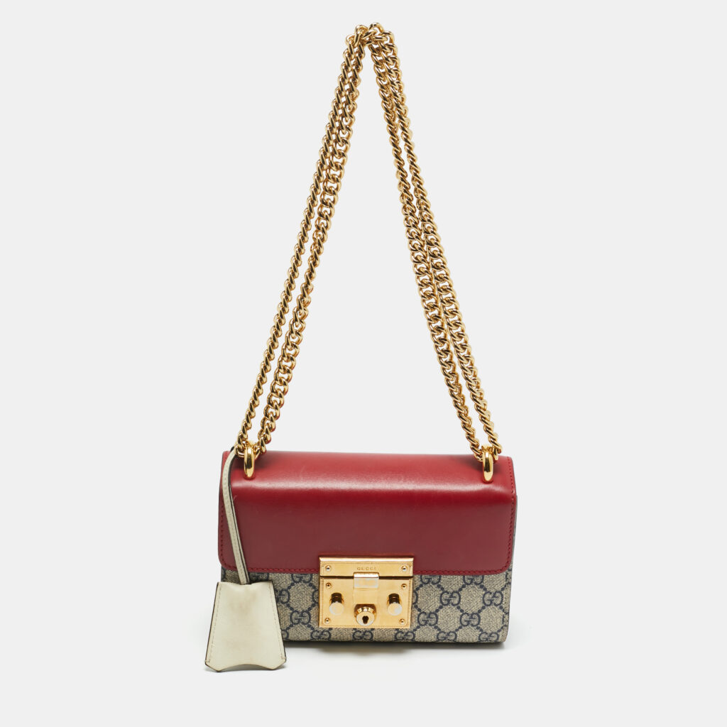 Gucci Red/Beige GG Supreme Canvas and Leather Small Padlock Shoulder Bag