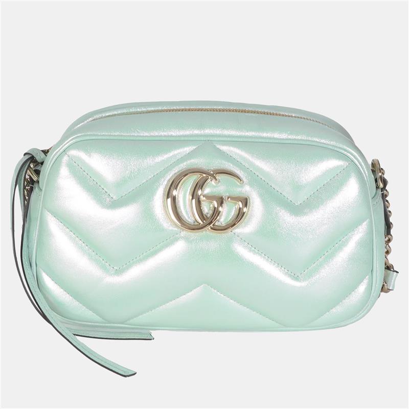 Gucci Salvy Green Iridescent Nappa Chevron Matelasse Small GG Marmont Chain Bag