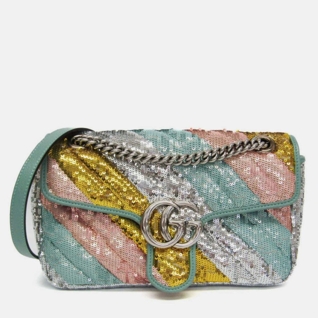 Gucci GG Marmont Leather Spangles Shoulder Bag Gold Silver Pink Gold Green Gucci GG Marmont Leather Spangles Shoulder Bag Gold Silver Pink Gold Green