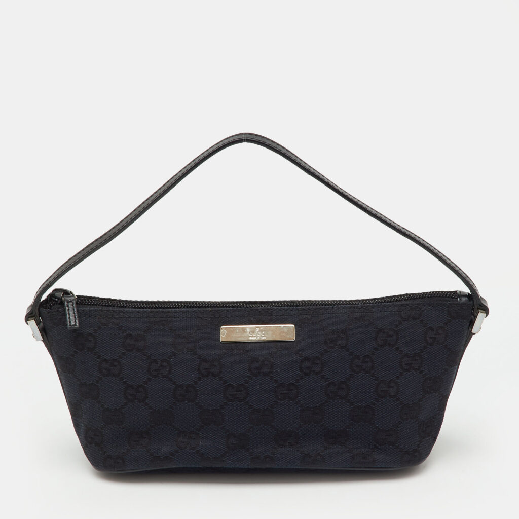Gucci Navy Blue/Black GG Canvas and Leather Boat Pochette Bag Gucci Navy Blue/Black GG Canvas and Leather Boat Pochette Bag