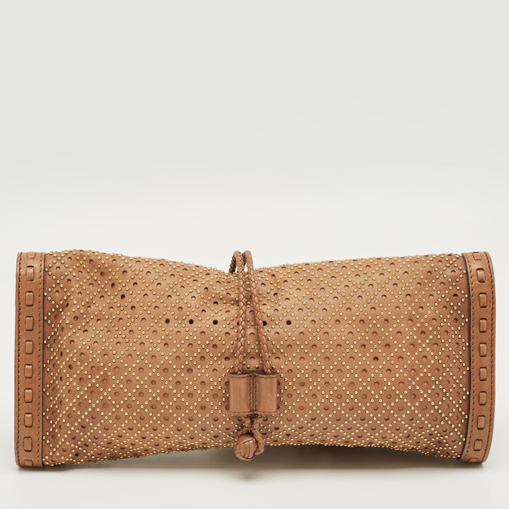 Gucci Brown Perforated Leather Malika Studded Clutch Gucci Brown Perforated Leather Malika Studded Clutch