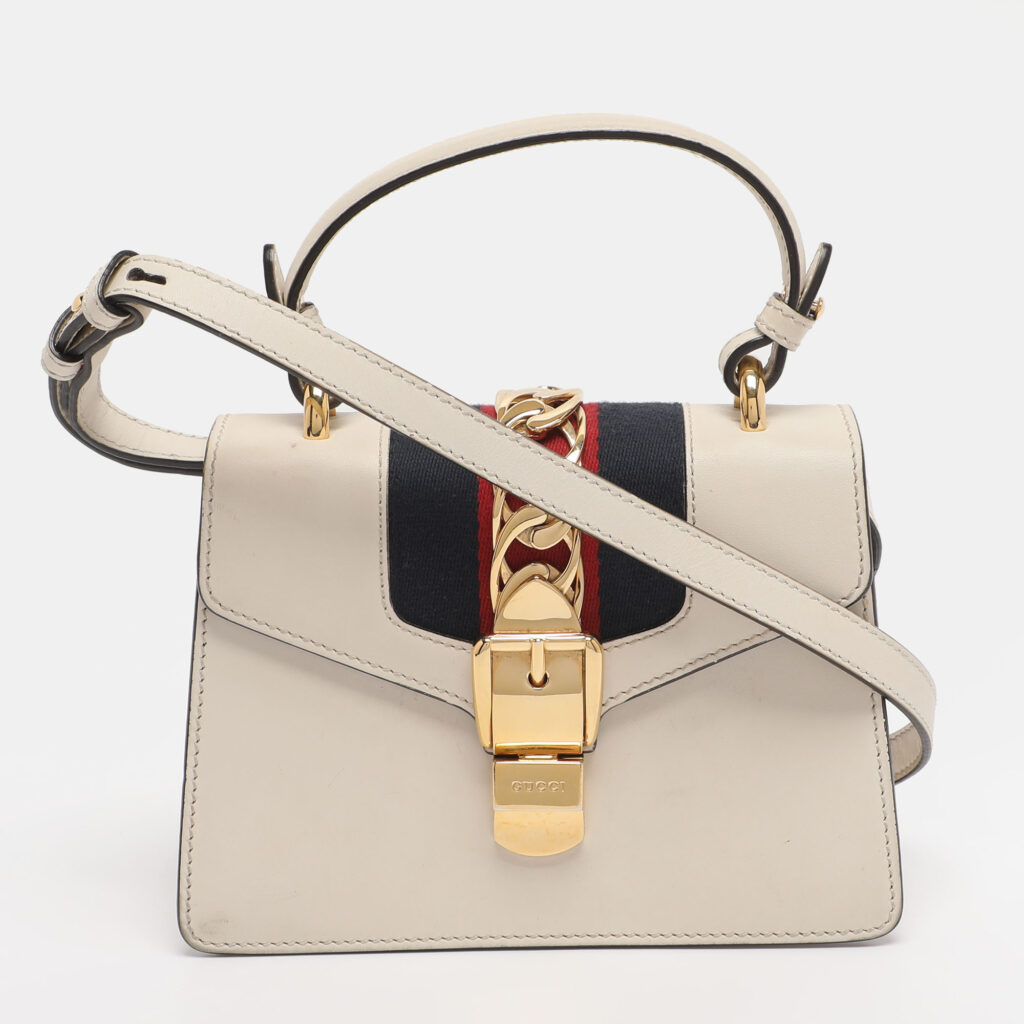 Gucci White Leather Mini Web Sylvie Top Handle Bag