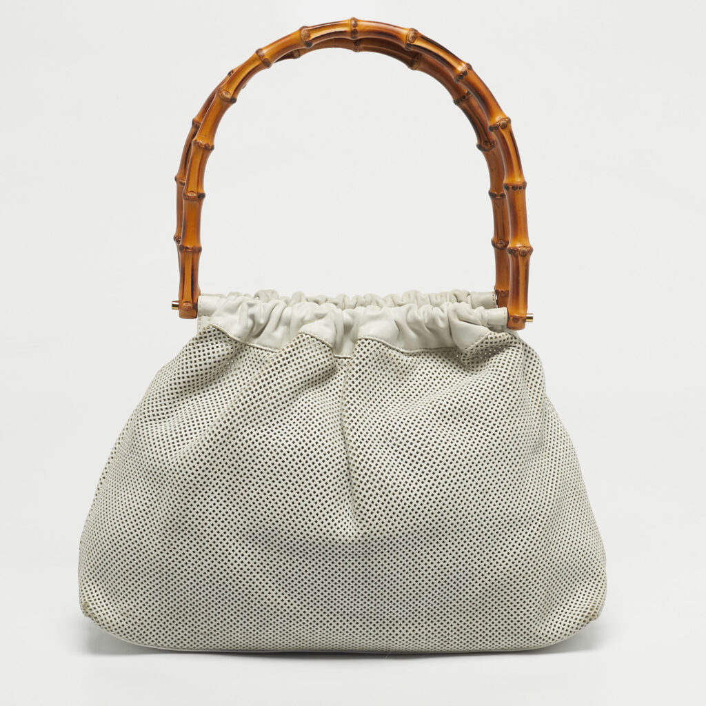 Gucci White Perforated Leather Bamboo Handle Bag Gucci White Perforated Leather Bamboo Handle Bag