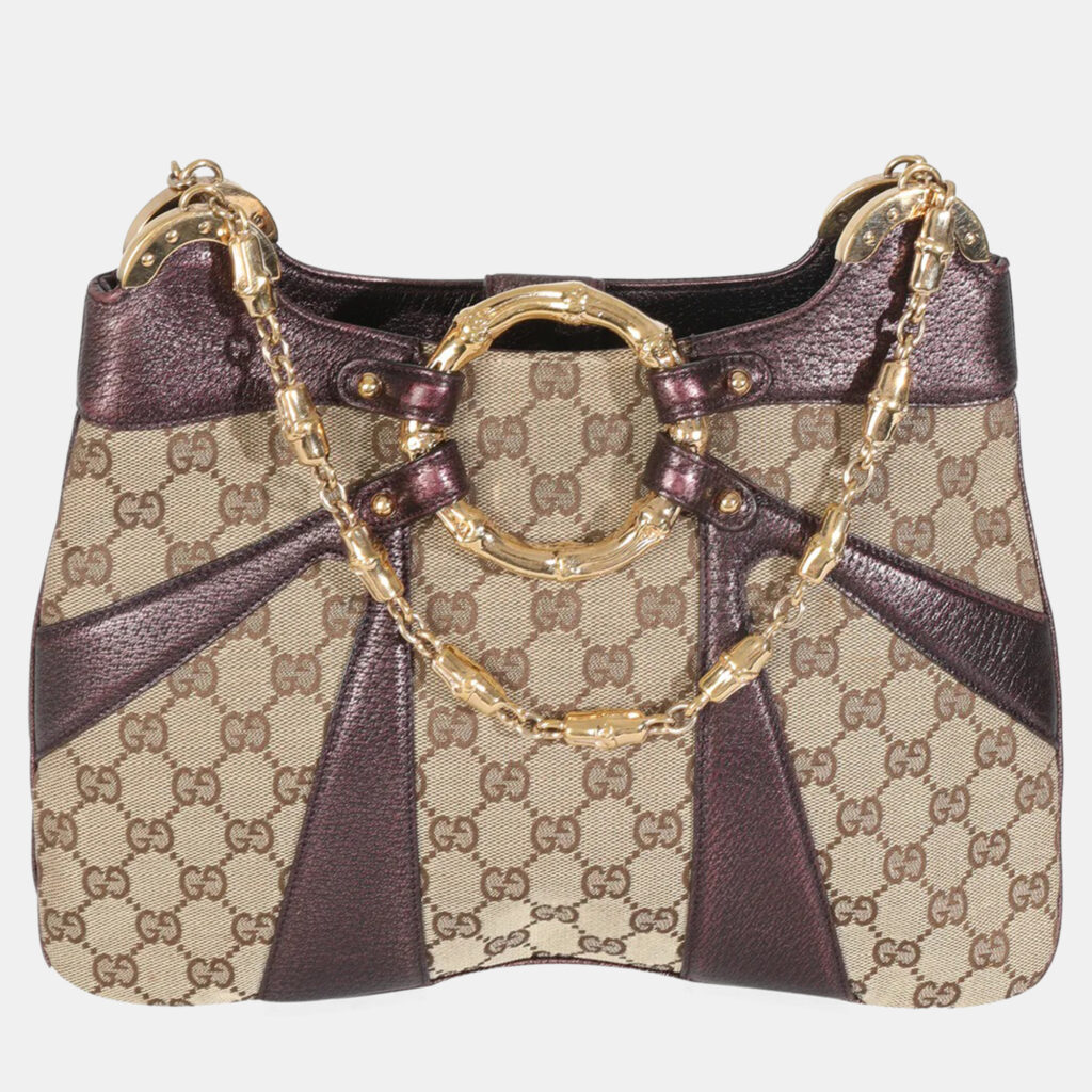 Gucci Tom Ford Metallic Purple Beige Monogram Bamboo Chain Shoulder Bag Gucci Tom Ford Metallic Purple Beige Monogram Bamboo Chain Shoulder Bag