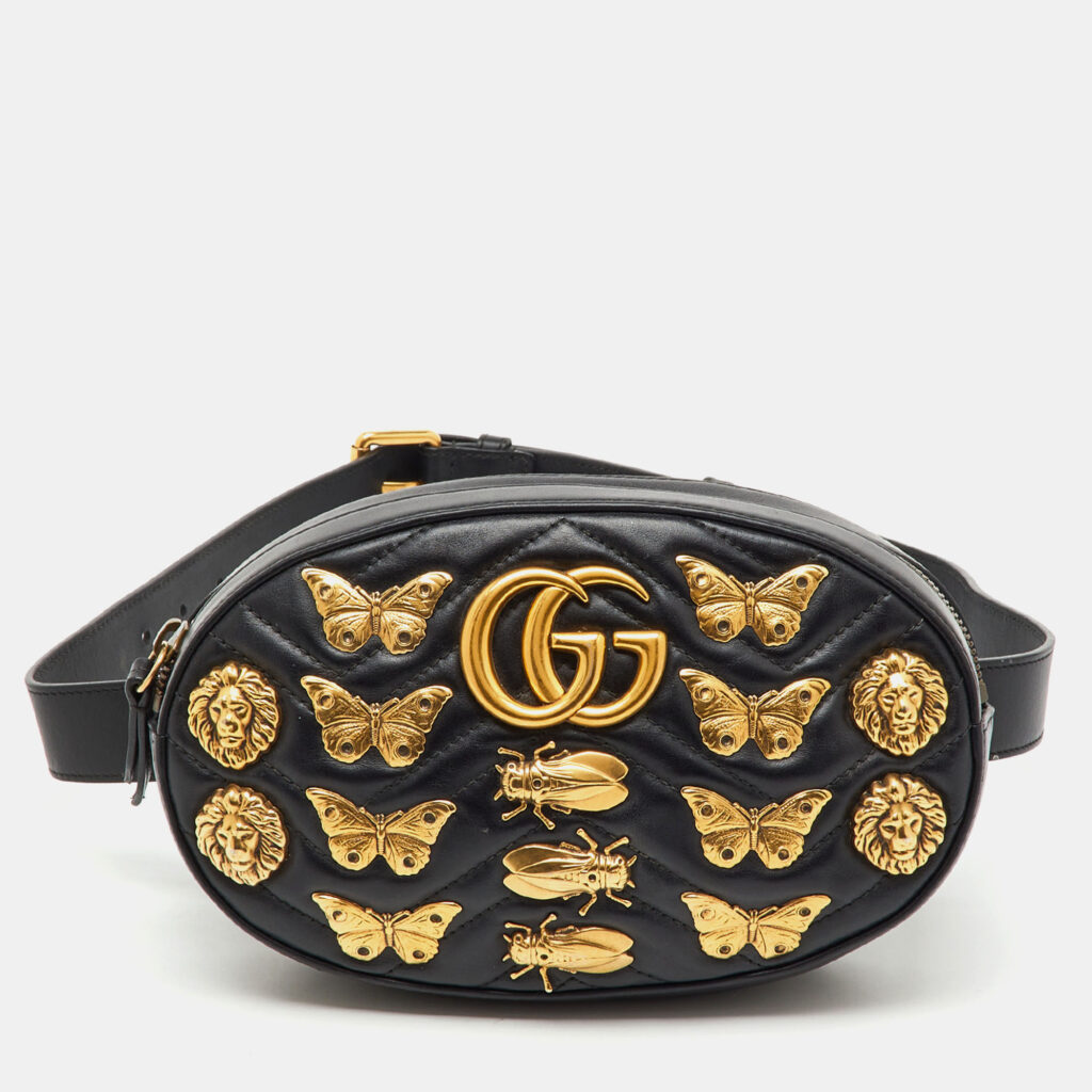 Gucci Black Leather Animal Studs GG Marmont Belt Bag