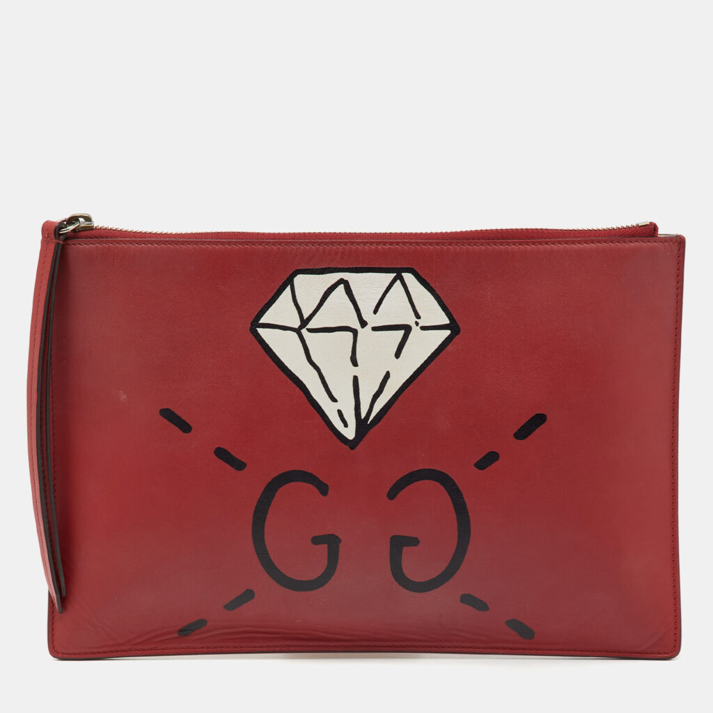Gucci Red Leather Ghost Diamond Print Zip Pouch Clutch Gucci Red Leather Ghost Diamond Print Zip Pouch Clutch