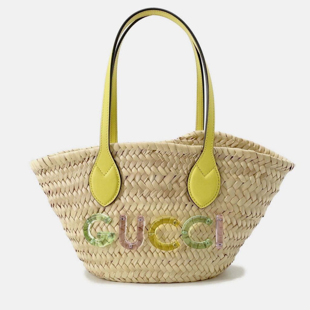 Gucci Logo Basket Bag Yellow/Natural Straw Leather Gucci Logo Basket Bag Yellow/Natural Straw Leather