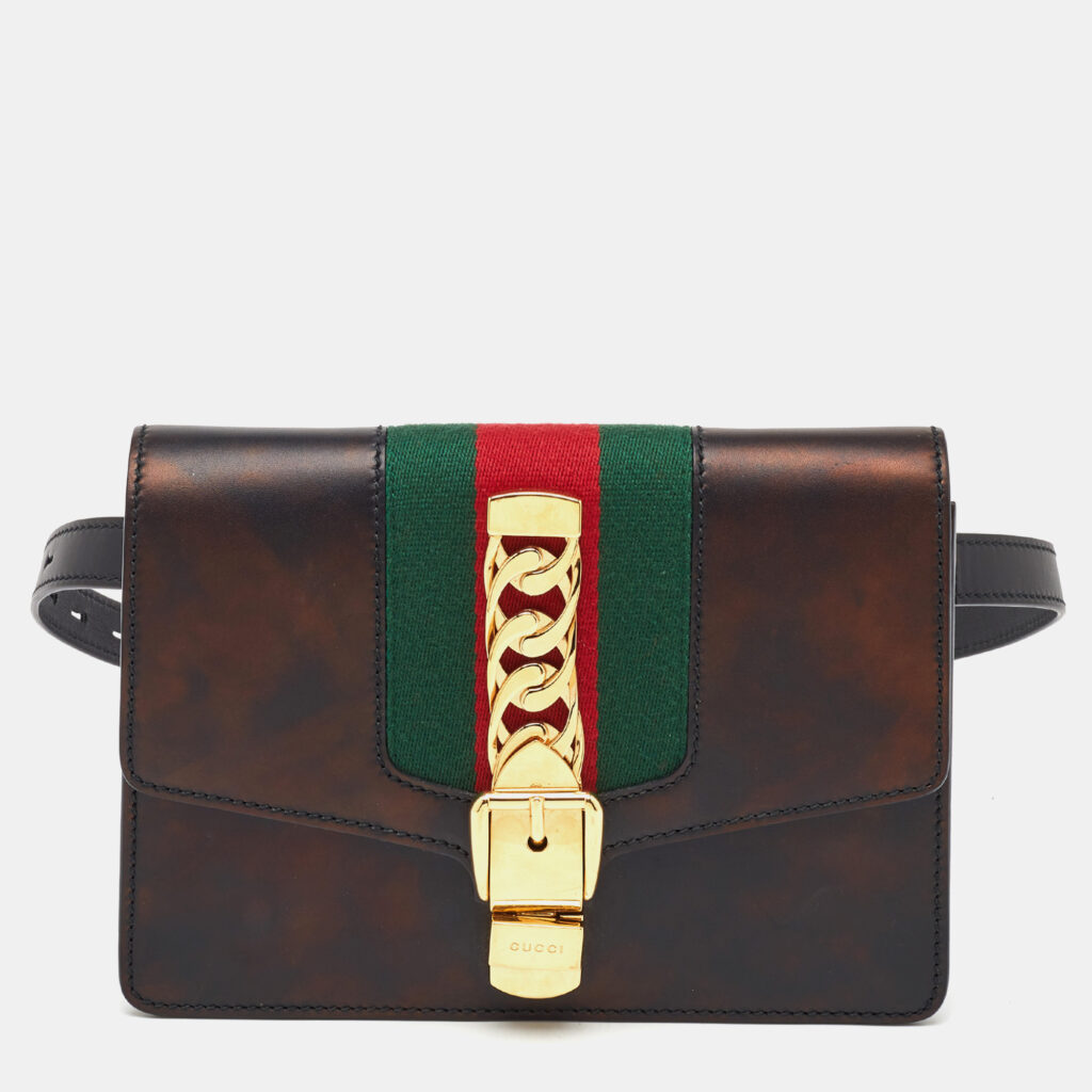 Gucci Black Leather Web Chain Sylvie Belt Bag Gucci Black Leather Web Chain Sylvie Belt Bag