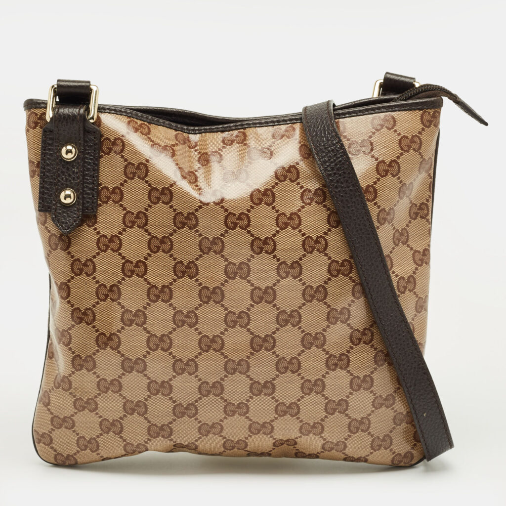 Gucci Beige/Brown GG Crystal Canvas and Leather Flat Messenger Bag