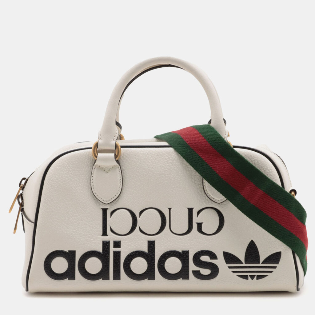 Gucci White Adidas Mini Textured Dollar Calfskin Logo Web Duffle Bag Gucci White Adidas Mini Textured Dollar Calfskin Logo Web Duffle Bag