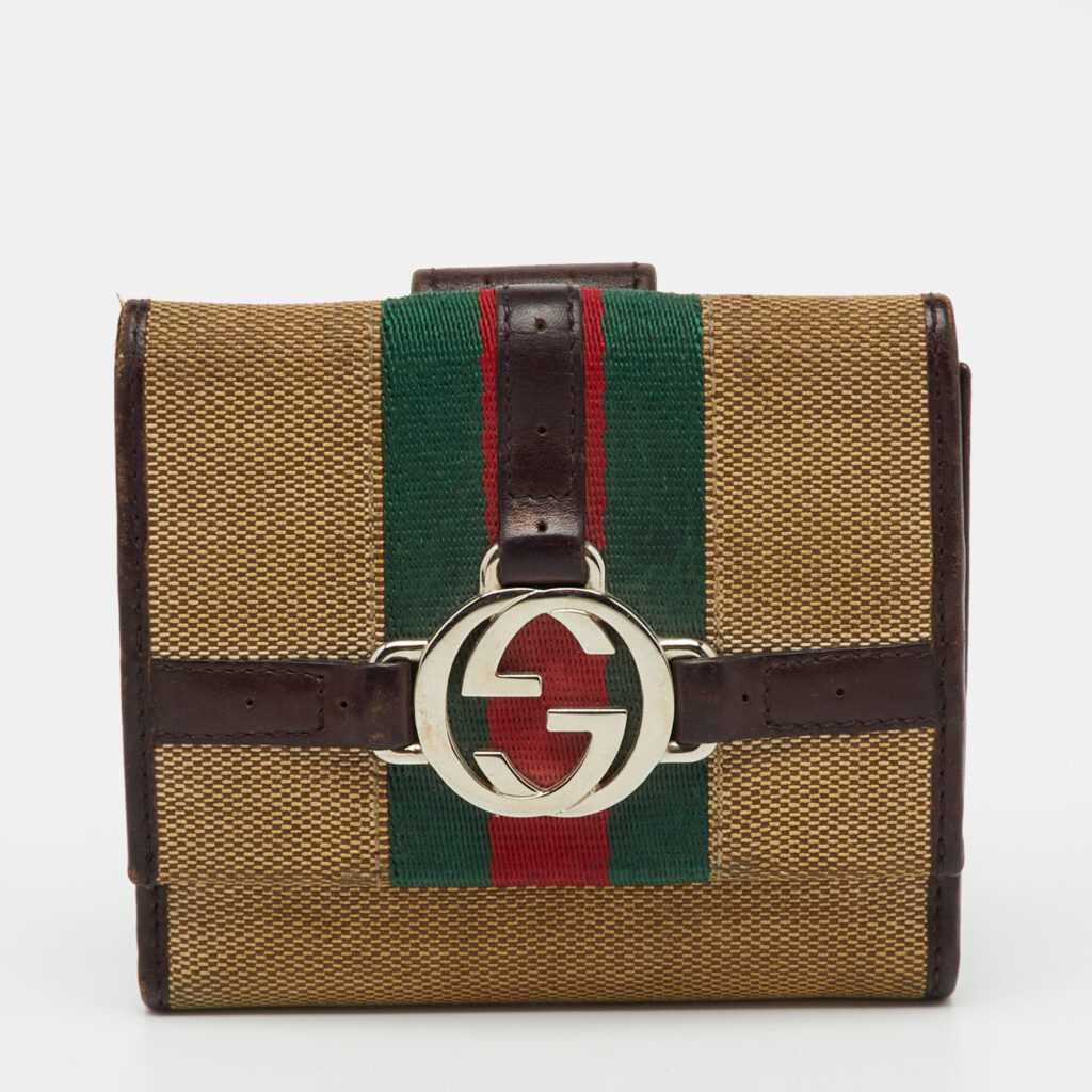 Gucci Beige/Brown Canvas and Leather Web GG Reins Compact Wallet Gucci Beige/Brown Canvas and Leather Web GG Reins Compact Wallet