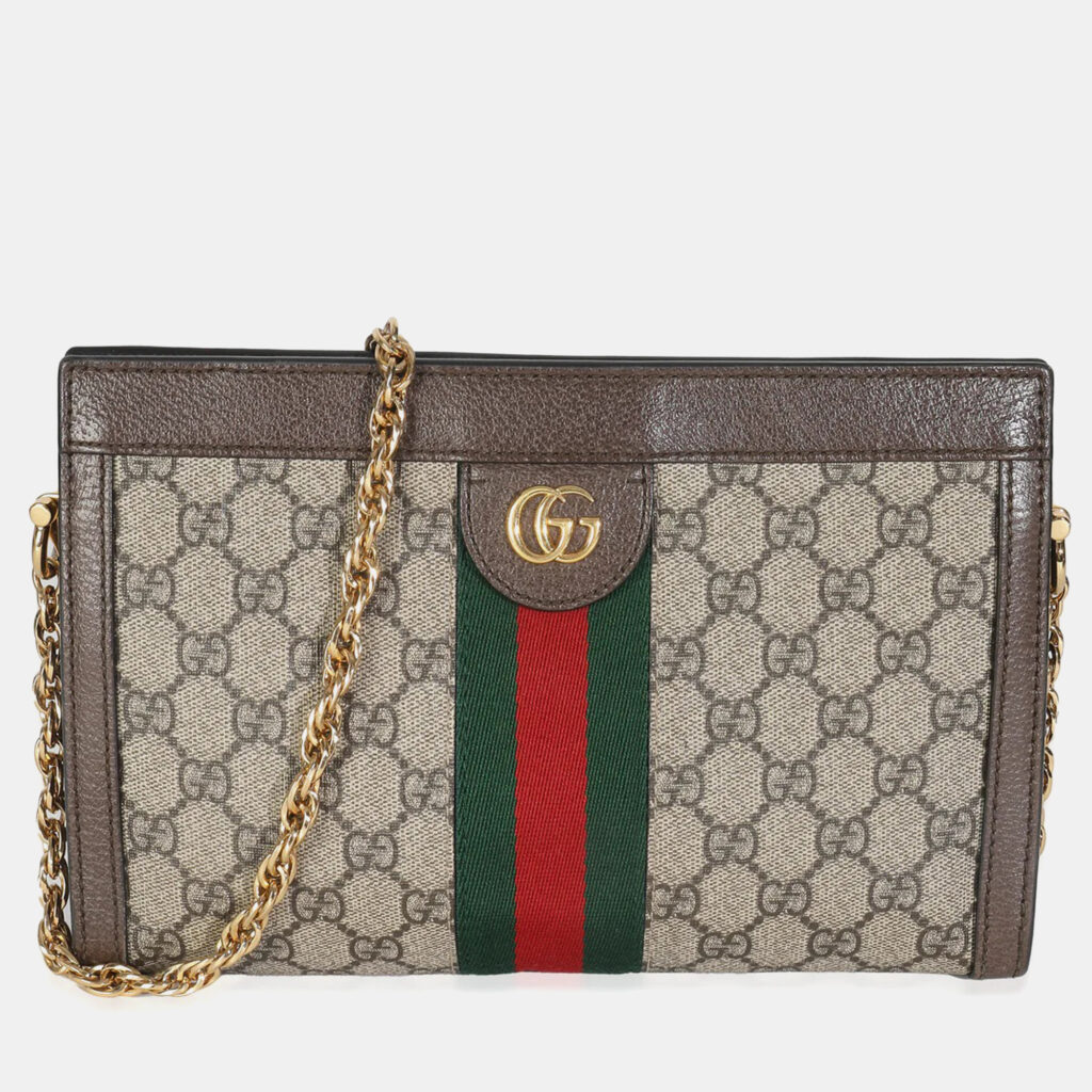Gucci Beige GG Supreme Canvas Small Ophidia Web Chain Bag