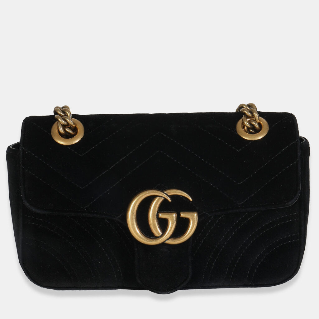 Gucci Black Velvet Matelasse Mini GG Marmont Shoulder Bag
