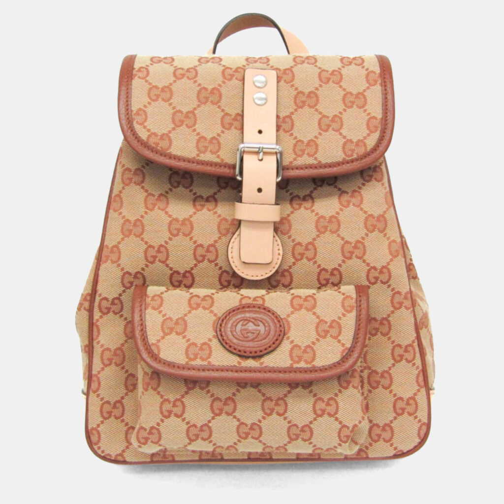 Gucci GG Canvas GG Canvas Leather Backpack Beige Brown Gucci GG Canvas GG Canvas Leather Backpack Beige Brown
