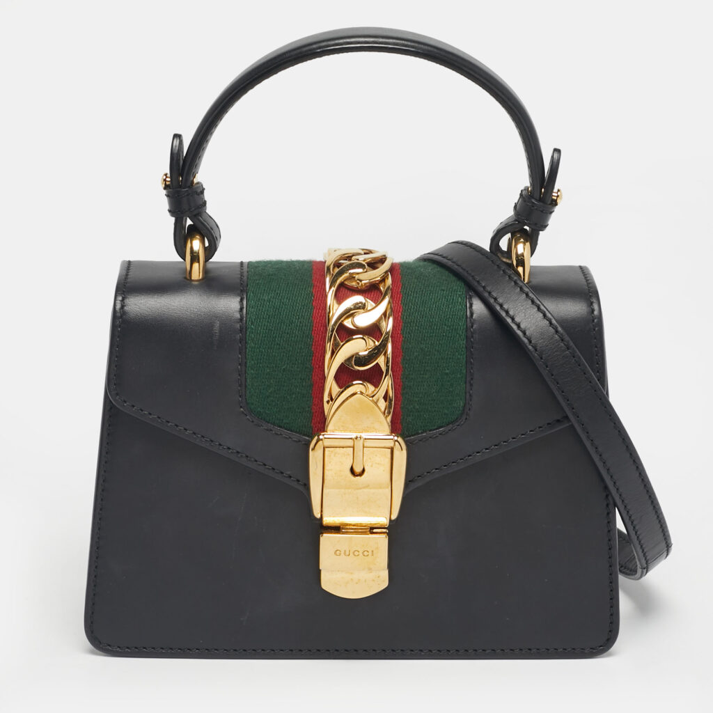 Gucci Black Leather Mini Web Sylvie Top Handle Bag Gucci Black Leather Mini Web Sylvie Top Handle Bag