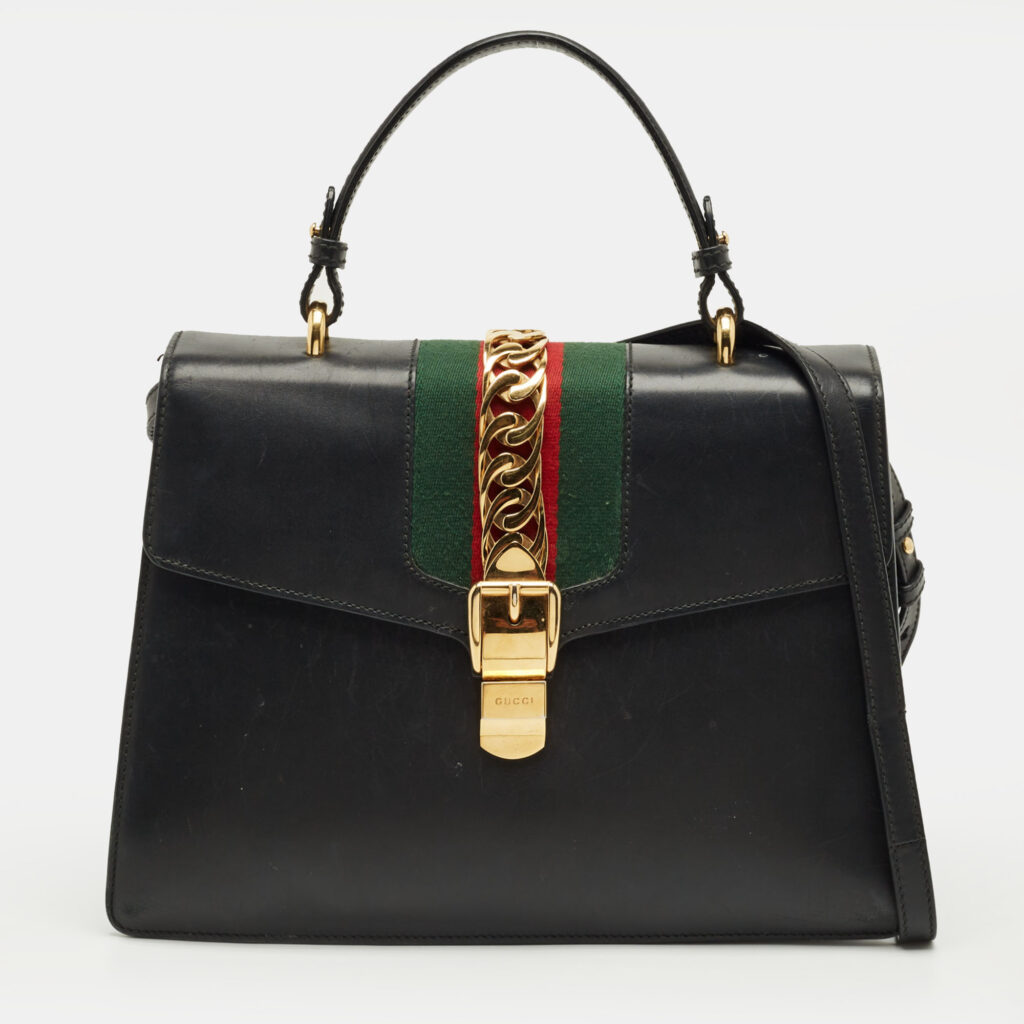 Gucci Black Leather Medium Web Sylvie Top Handle Bag Gucci Black Leather Medium Web Sylvie Top Handle Bag