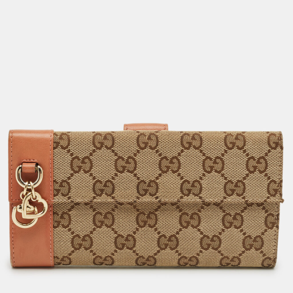 Gucci Beige/Peach GG Canvas and Leather Heart Charm Continental Wallet Gucci Beige/Peach GG Canvas and Leather Heart Charm Continental Wallet