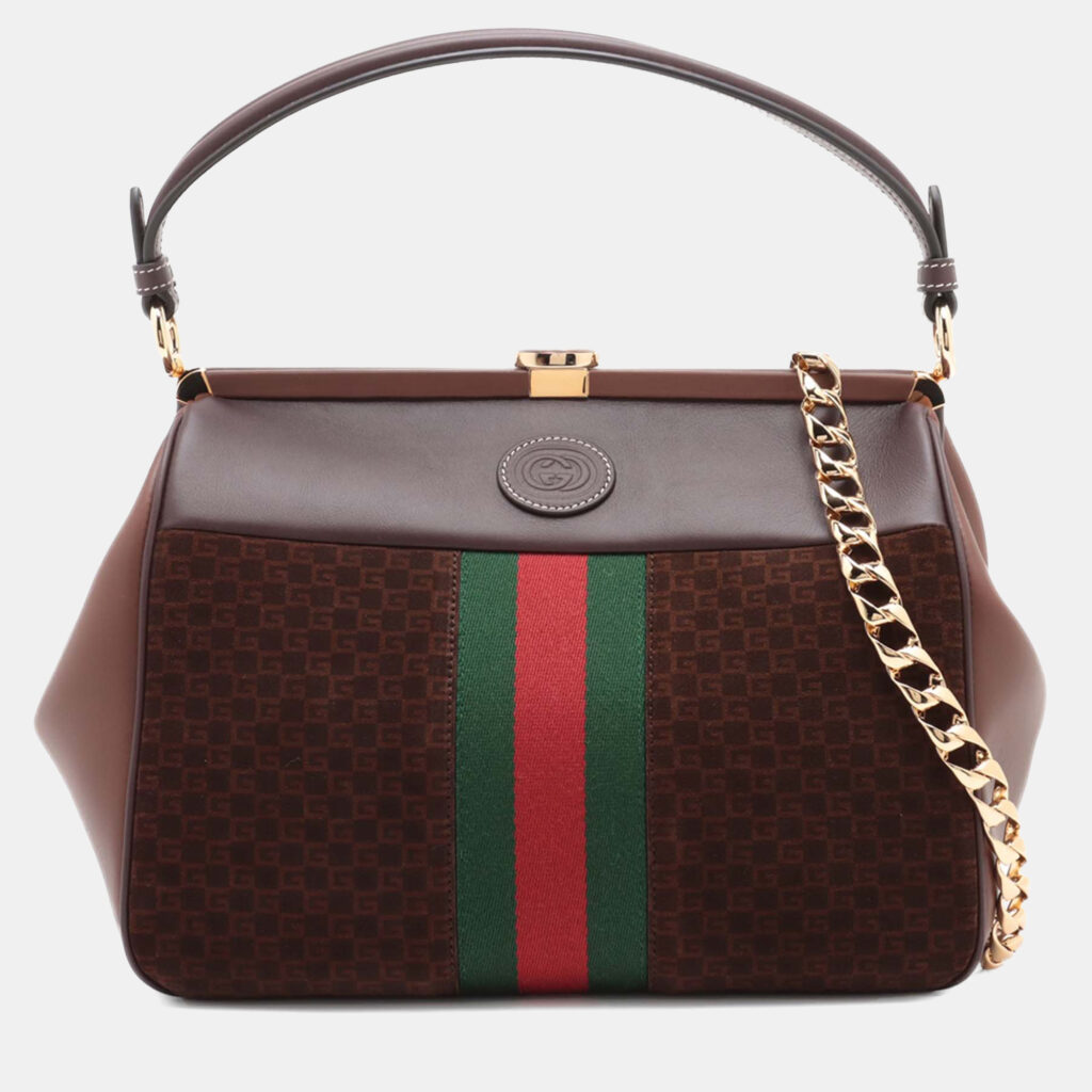 Gucci Brown G Square Suede Ophidia Virgo Top Handle Bag