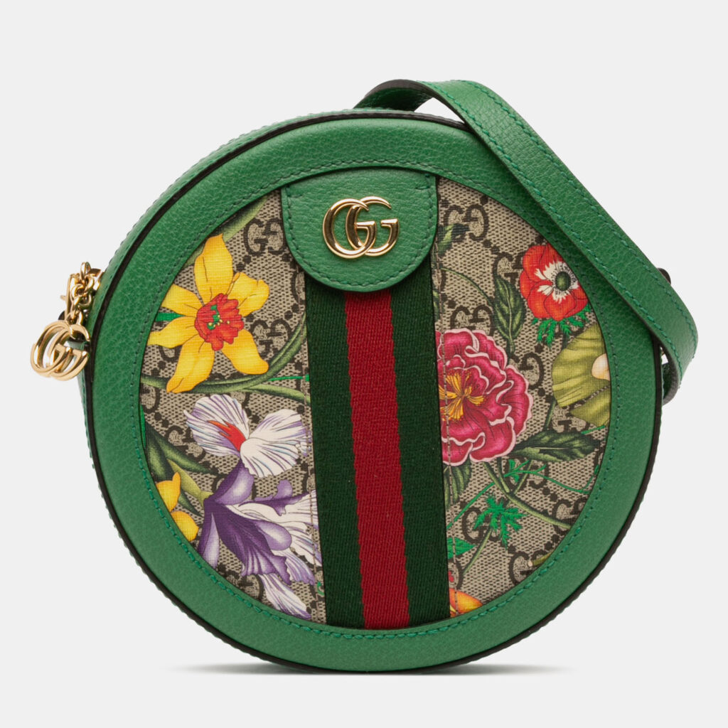Gucci Beige Brown Mini GG Supreme Flora Ophidia Round Crossbody Gucci Beige Brown Mini GG Supreme Flora Ophidia Round Crossbody