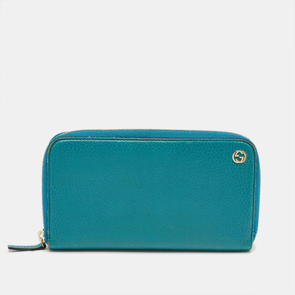 Gucci Turquoise Blue Leather Interlocking G Zip Around Wallet