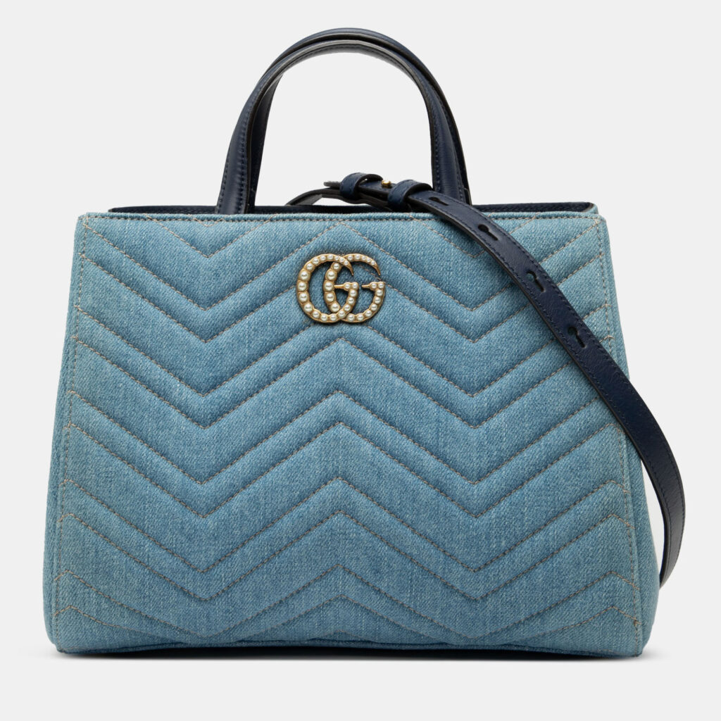 Gucci GG Marmont Matelasse Pearly Small Blue Denim Satchel Bag Gucci GG Marmont Matelasse Pearly Small Blue Denim Satchel Bag
