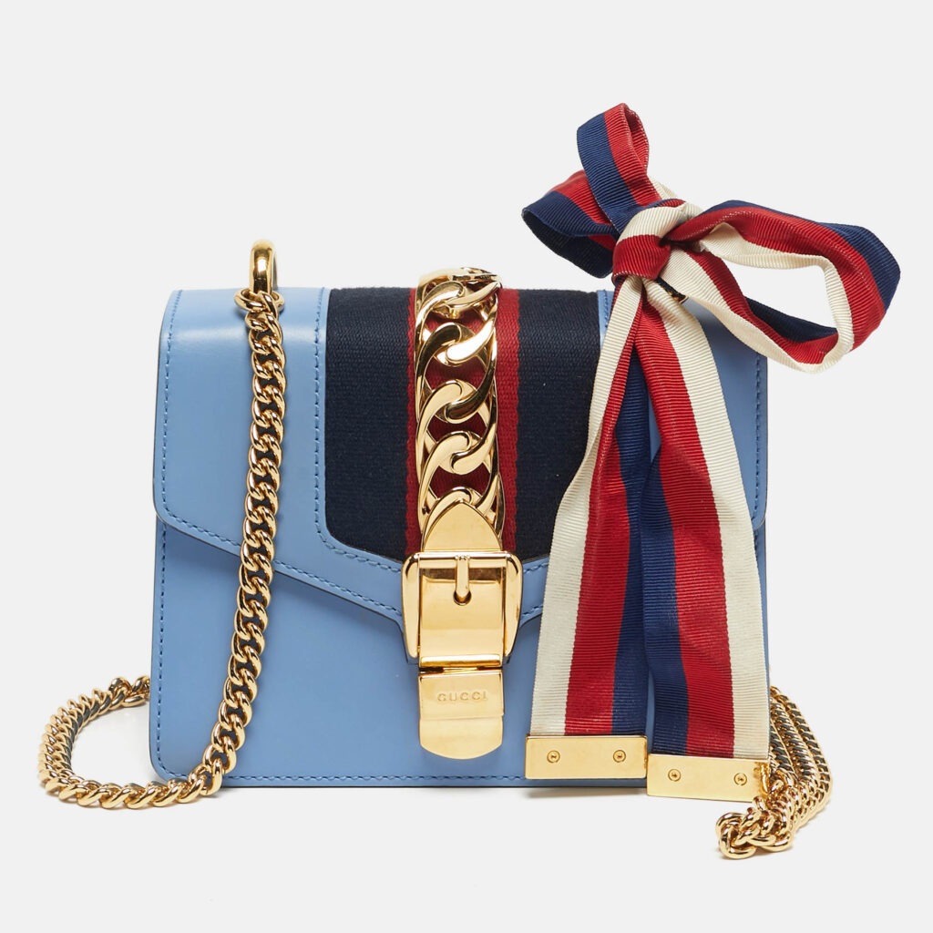 Gucci Light Blue Leather Mini Web Chain Sylvie Shoulder Bag Gucci Light Blue Leather Mini Web Chain Sylvie Shoulder Bag