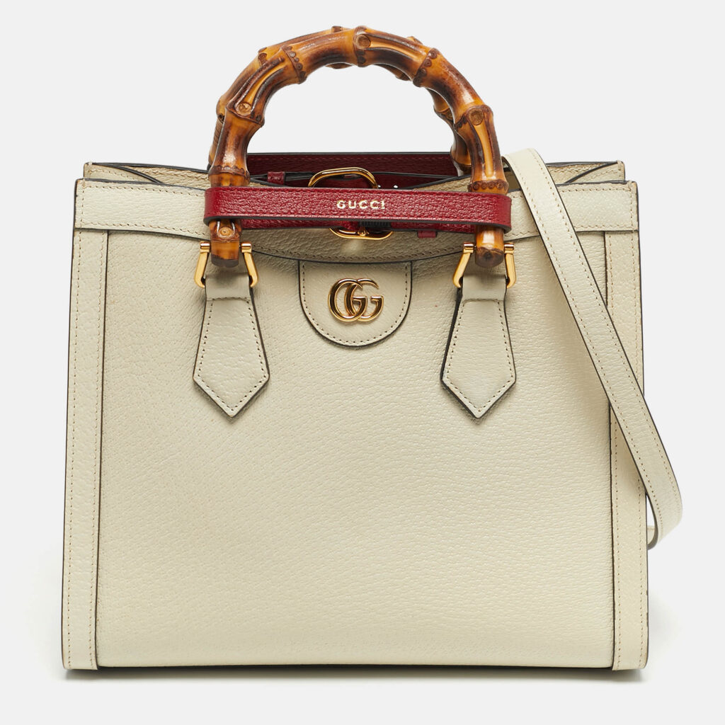 Gucci Off White Leather Small Bamboo Diana Tote