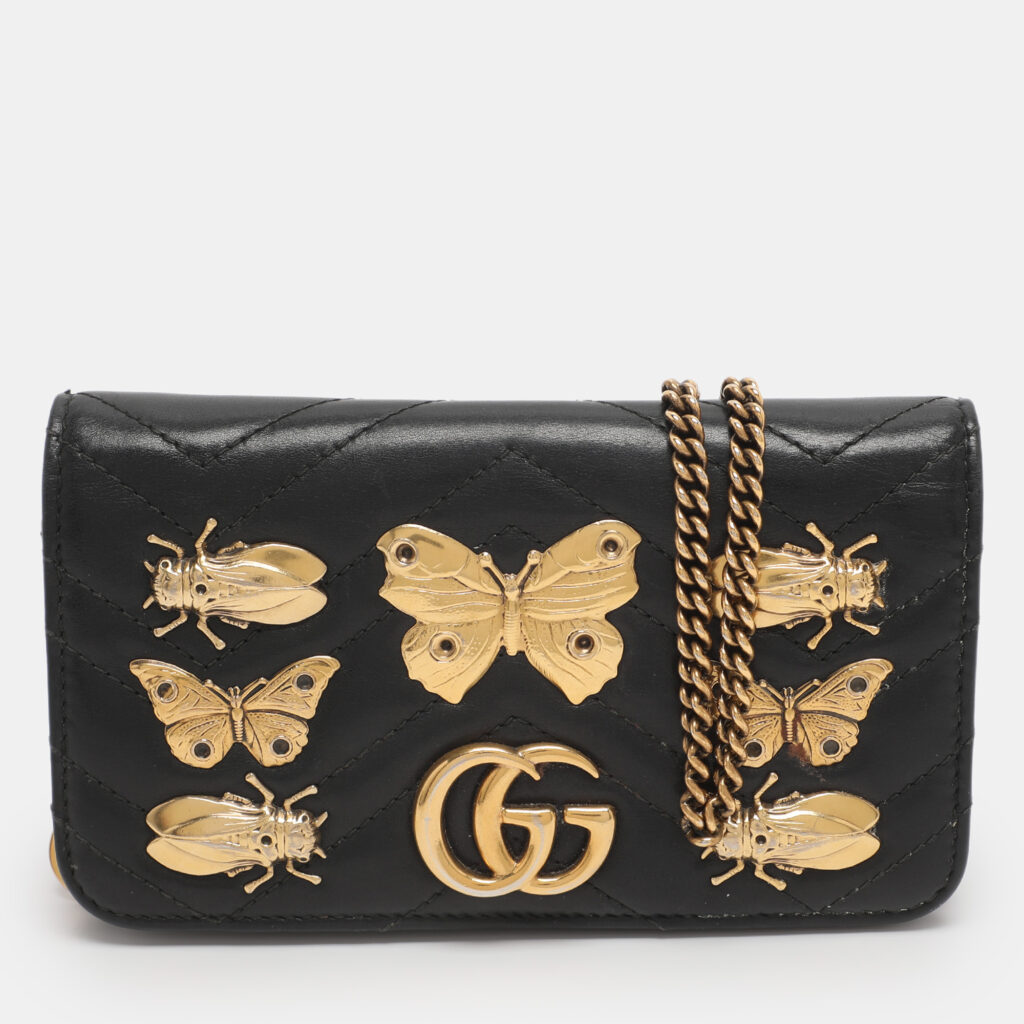 Gucci Black Animal Studs Matelasse Leather Mini GG Marmont Chain Clutch Gucci Black Animal Studs Matelasse Leather Mini GG Marmont Chain Clutch