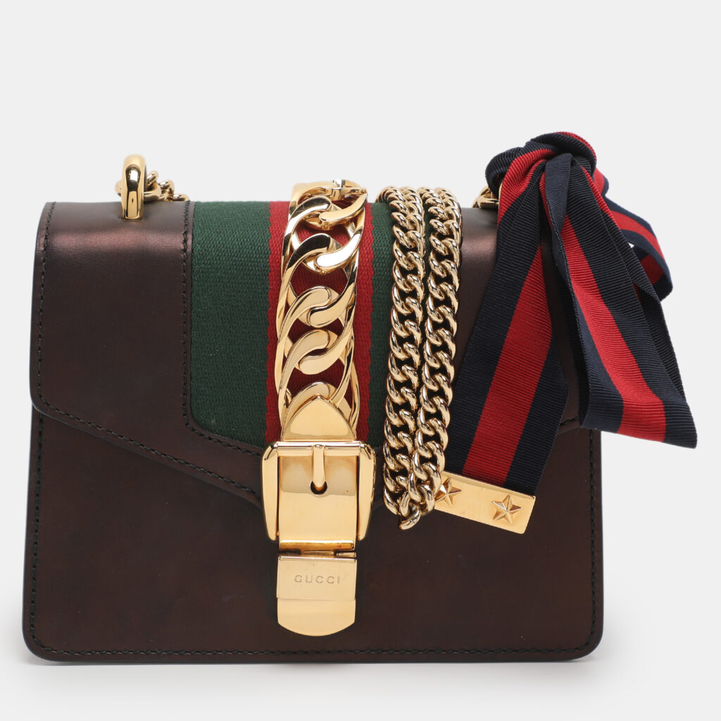 Gucci Metallic Black Leather Mini Web Chain Sylvie Crossbody Bag Gucci Metallic Black Leather Mini Web Chain Sylvie Crossbody Bag