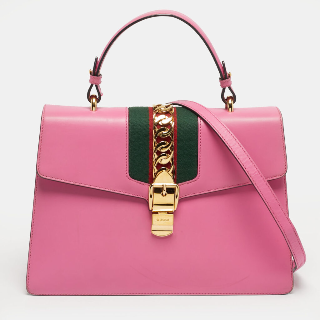 Gucci Fuchsia Leather Medium Web Sylvie Top Handle Bag