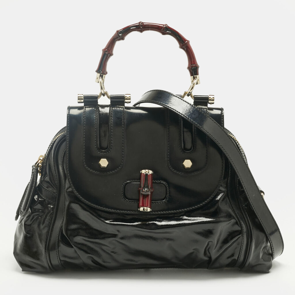 Gucci Black Coated Fabric and Leather Dialux Pop Bamboo Top Handle Bag