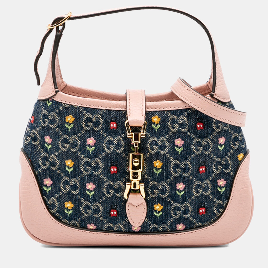 luxury-women-gucci-used-handbags-p1240511-001-1.jpg Gucci Blue Limited Edition Mini GG Denim Embroidered Floral Jackie 1961 Crossbody