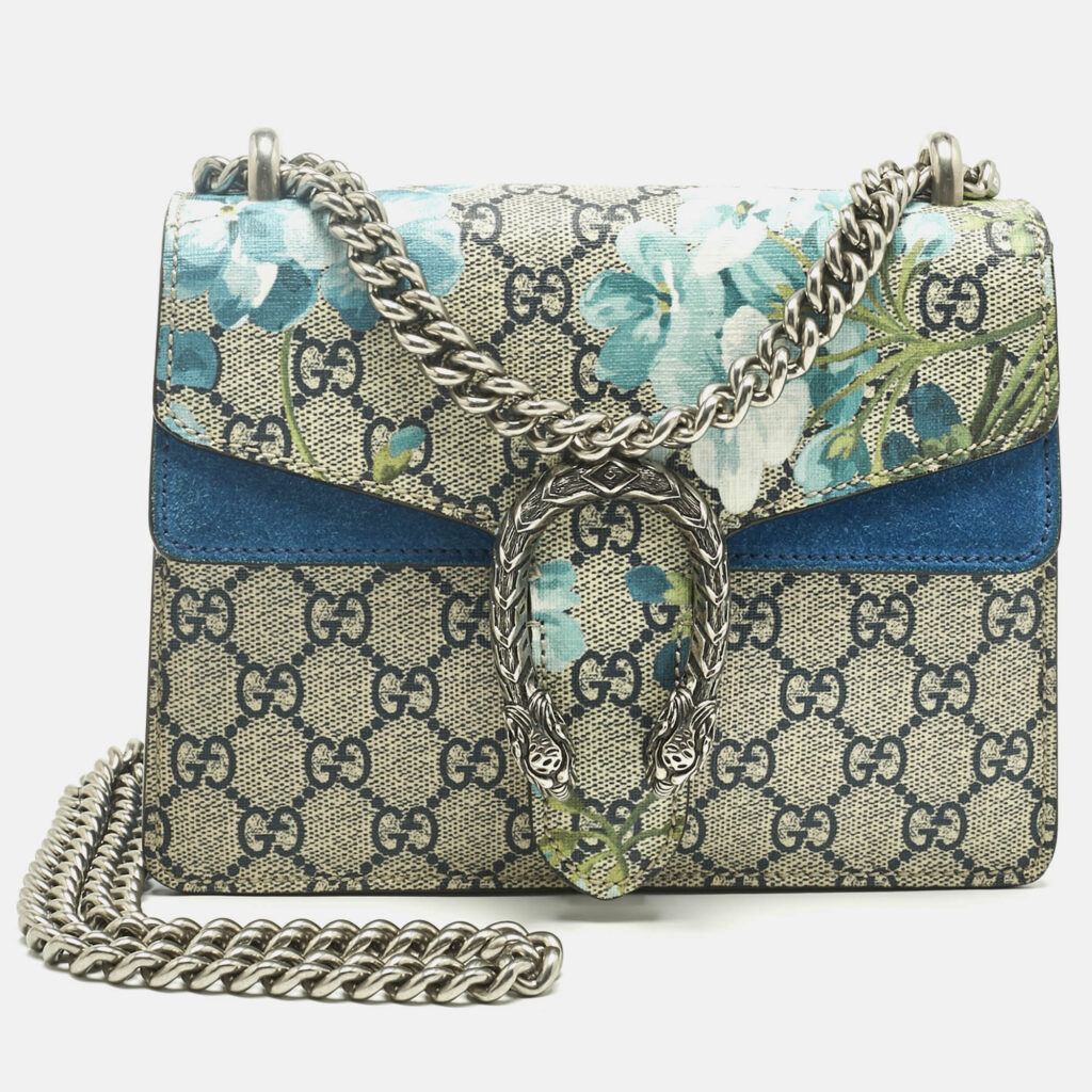 Gucci Beige/Blue GG Supreme Canvas and Suede Mini Blooms Dionysus Shoulder Bag Gucci Beige/Blue GG Supreme Canvas and Suede Mini Blooms Dionysus Shoulder Bag