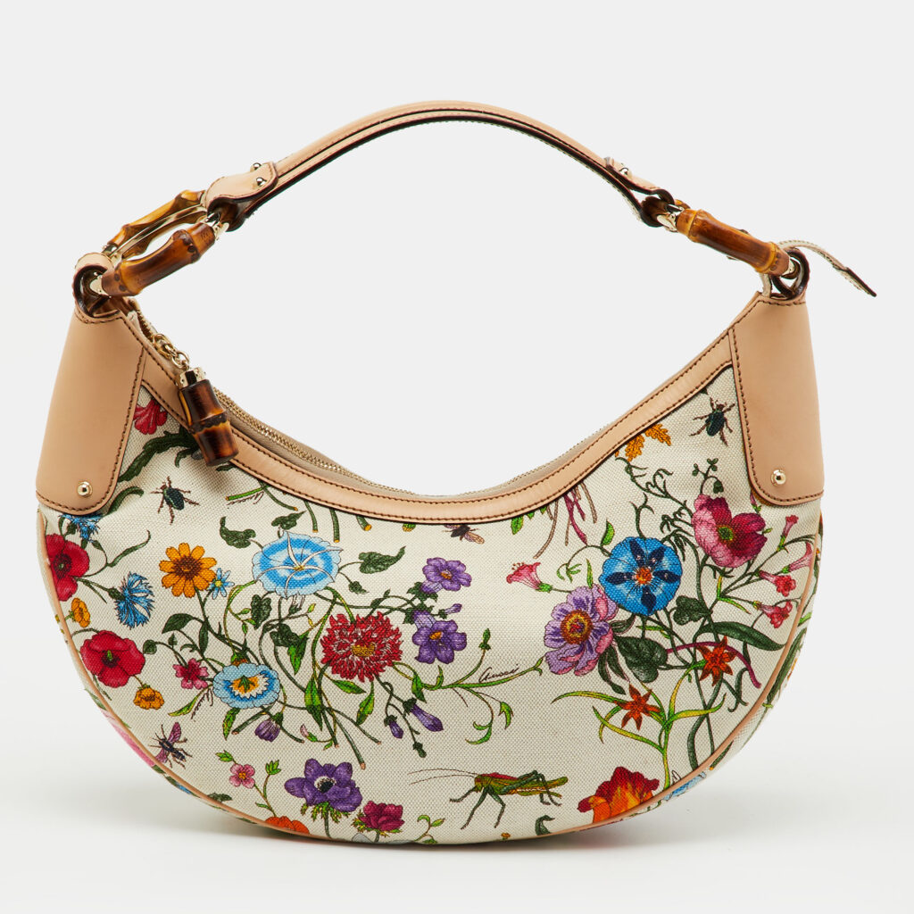 Gucci Multicolor Botanical Floral Canvas and Leather Bamboo Ring Hobo Gucci Multicolor Botanical Floral Canvas and Leather Bamboo Ring Hobo